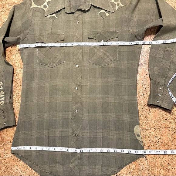 Khaki Pearl Snap Plaid Shirt With Gold Skull & Dots Sz S/M - Picture 10 of 16